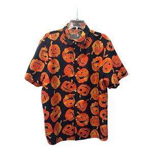 Halloween Button Up Short Sleeve Shirt Men's L Novelty Jack-O-Lantern Pumpkin